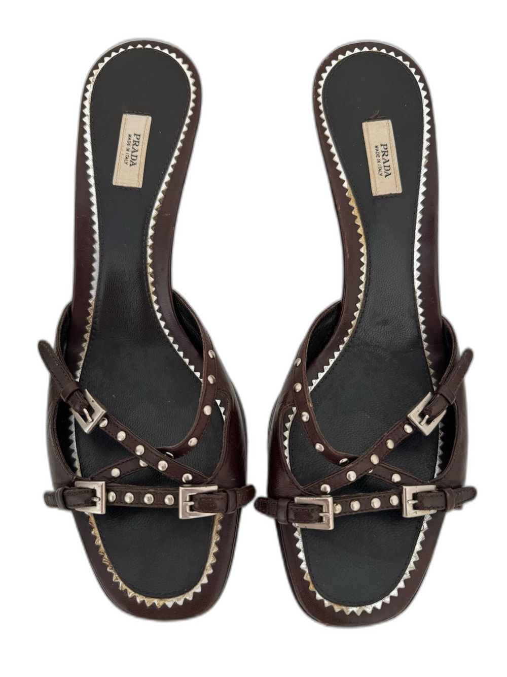 Prada EU 39 Brown Leather Buckle Studded Low Kitten Heel Open Toe Sandals Shoes